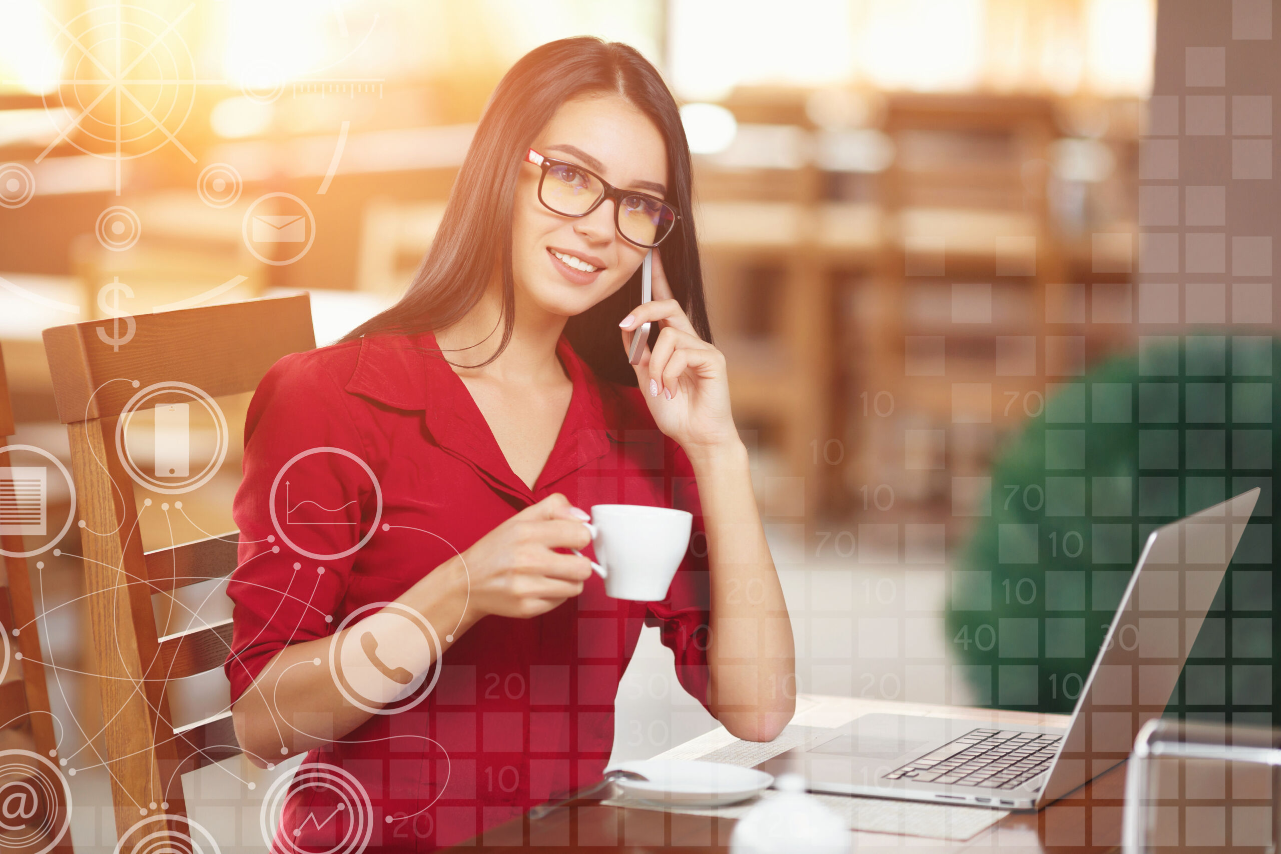 Young business woman in glasses and red shirt talking on a mobile phone. Business infographic